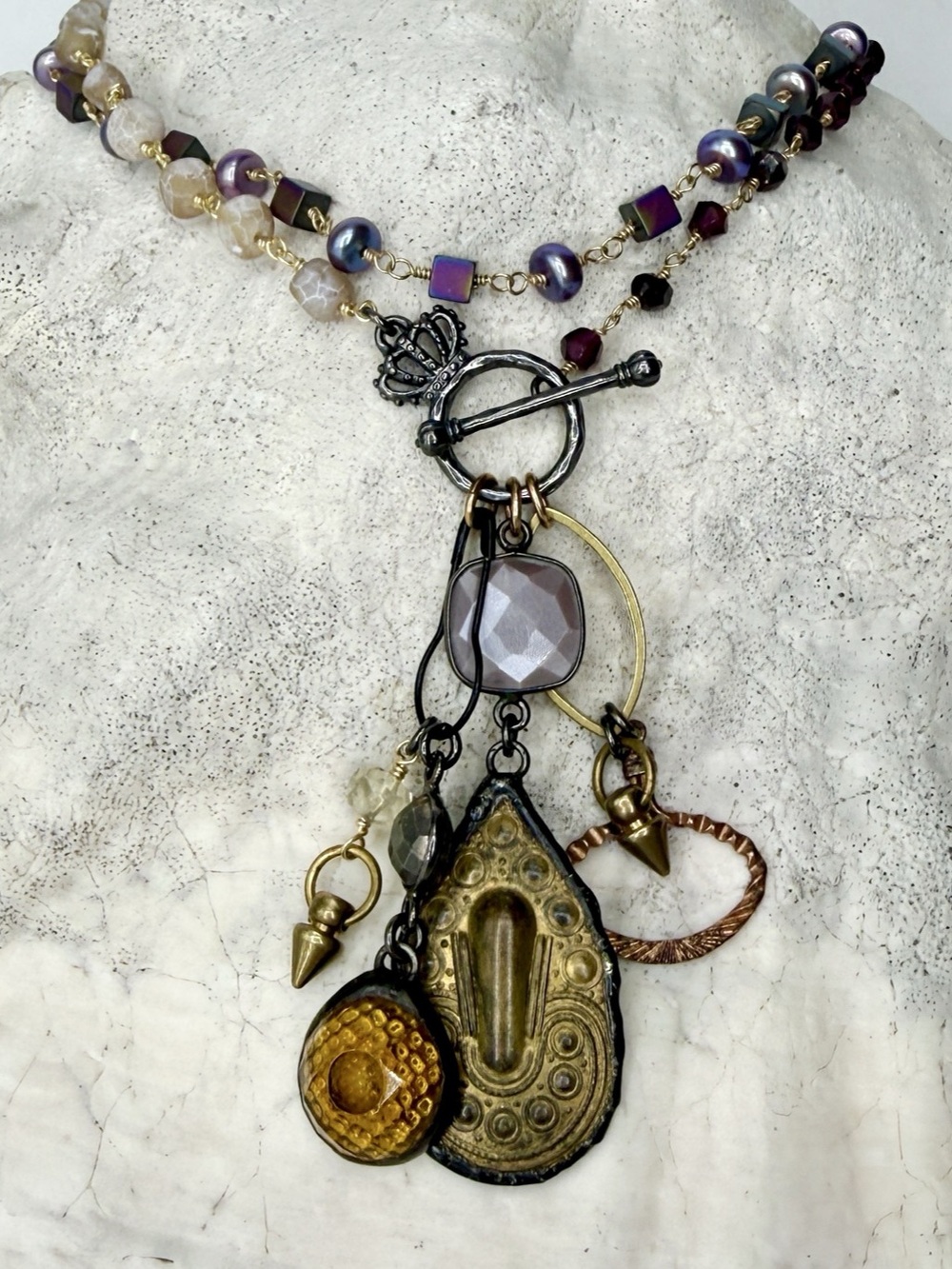 Autumnal Color Mixed Metal Vintage Charm Necklace